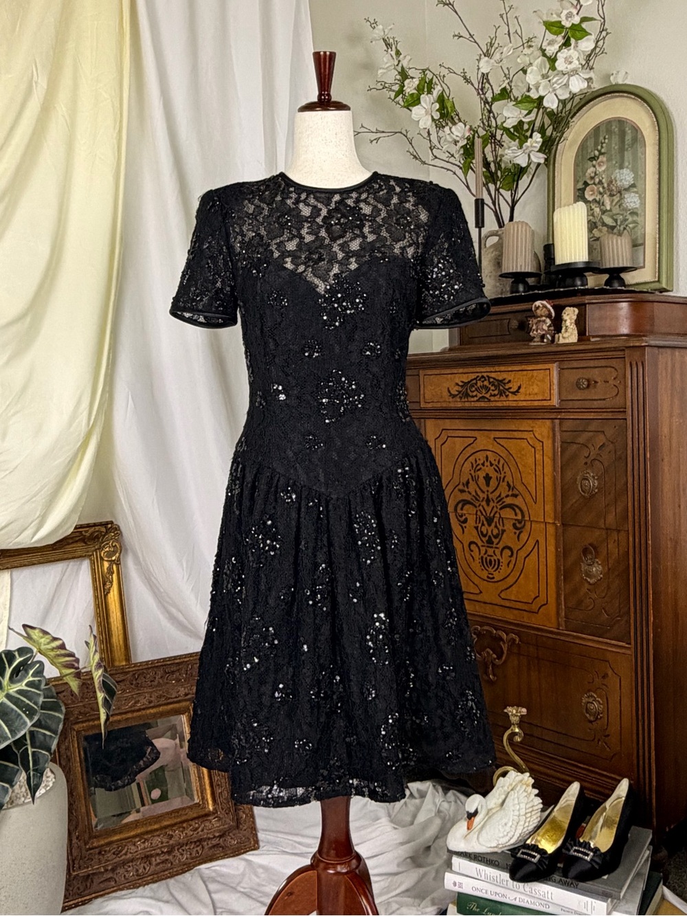 RARE True Vintage 80s Morton Myles Black Lace Sequin Cocktail Dress Prom Formal